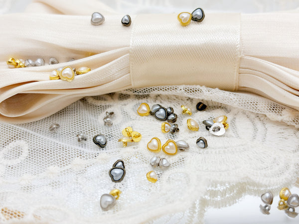 B349 Heart Shape Metal Shank Buttons with Pearl | 4mm & 5mm Micro Sizes | for 12" Doll Clothes Like FR, Blythe, BJD