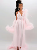 C003 Mesh Nightgown & Faux Fur Edge Robe – Handmade Doll Clothes for 12" Fashion Dolls Like Poppy Parker, Fashion Royalty, NuFace