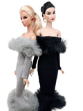 C012 Off-Shouldle Ribbed Slim Fit Dress with Faux Fur Trim & Fishtail Hem Handmade for 12" Fashion Dolls Like PP, Fashion Royalty, NuFace