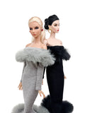 C012 Off-Shouldle Ribbed Slim Fit Dress with Faux Fur Trim & Fishtail Hem Handmade for 12" Fashion Dolls Like PP, Fashion Royalty, NuFace