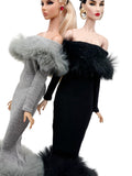C012 Off-Shouldle Ribbed Slim Fit Dress with Faux Fur Trim & Fishtail Hem Handmade for 12" Fashion Dolls Like PP, Fashion Royalty, NuFace