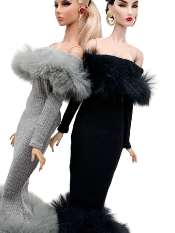 C012 Off-Shouldle Ribbed Slim Fit Dress with Faux Fur Trim & Fishtail Hem Handmade for 12" Fashion Dolls Like PP, Fashion Royalty, NuFace