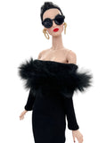 C012 Off-Shouldle Ribbed Slim Fit Dress with Faux Fur Trim & Fishtail Hem Handmade for 12" Fashion Dolls Like PP, Fashion Royalty, NuFace