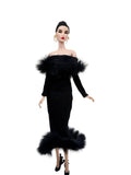 C012 Off-Shouldle Ribbed Slim Fit Dress with Faux Fur Trim & Fishtail Hem Handmade for 12" Fashion Dolls Like PP, Fashion Royalty, NuFace