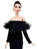 C012 Off-Shouldle Ribbed Slim Fit Dress with Faux Fur Trim & Fishtail Hem Handmade for 12" Fashion Dolls Like PP, Fashion Royalty, NuFace