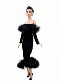 C012 Off-Shouldle Ribbed Slim Fit Dress with Faux Fur Trim & Fishtail Hem Handmade for 12" Fashion Dolls Like PP, Fashion Royalty, NuFace