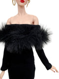 C012 Off-Shouldle Ribbed Slim Fit Dress with Faux Fur Trim & Fishtail Hem Handmade for 12" Fashion Dolls Like PP, Fashion Royalty, NuFace