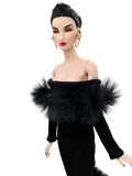 C012 Off-Shouldle Ribbed Slim Fit Dress with Faux Fur Trim & Fishtail Hem Handmade for 12" Fashion Dolls Like PP, Fashion Royalty, NuFace