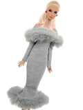 C012 Off-Shouldle Ribbed Slim Fit Dress with Faux Fur Trim & Fishtail Hem Handmade for 12" Fashion Dolls Like PP, Fashion Royalty, NuFace