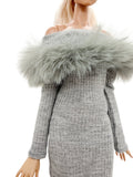 C012 Off-Shouldle Ribbed Slim Fit Dress with Faux Fur Trim & Fishtail Hem Handmade for 12" Fashion Dolls Like PP, Fashion Royalty, NuFace