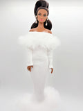 C012 Off-Shouldle Ribbed Slim Fit Dress with Faux Fur Trim & Fishtail Hem Handmade for 12" Fashion Dolls Like PP, Fashion Royalty, NuFace