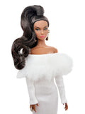 C012 Off-Shouldle Ribbed Slim Fit Dress with Faux Fur Trim & Fishtail Hem Handmade for 12" Fashion Dolls Like PP, Fashion Royalty, NuFace