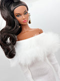 C012 Off-Shouldle Ribbed Slim Fit Dress with Faux Fur Trim & Fishtail Hem Handmade for 12" Fashion Dolls Like PP, Fashion Royalty, NuFace