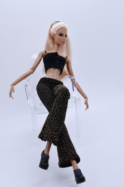 C013C Metallic Glimmer Gold/Black Handmade Flared Pants For 12" Fashion Dolls Like Poppy Parker Fashion Royalty NF Doll