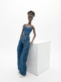 C024 Denim Bustier/Corset Top With Faux Leather Straps– Handmade for 12" Fashion Dolls Like Fashion Royalty, NuFace, Poppy Parker