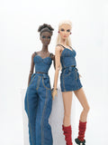 C024 Denim Bustier/Corset Top With Faux Leather Straps– Handmade for 12" Fashion Dolls Like Fashion Royalty, NuFace, Poppy Parker