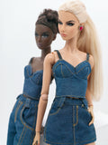 C024 Denim Bustier/Corset Top With Faux Leather Straps– Handmade for 12" Fashion Dolls Like Fashion Royalty, NuFace, Poppy Parker