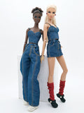 C024 Denim Bustier/Corset Top With Faux Leather Straps– Handmade for 12" Fashion Dolls Like Fashion Royalty, NuFace, Poppy Parker
