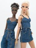 C024 Denim Bustier/Corset Top With Faux Leather Straps– Handmade for 12" Fashion Dolls Like Fashion Royalty, NuFace, Poppy Parker