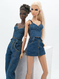 C024 Denim Bustier/Corset Top With Faux Leather Straps– Handmade for 12" Fashion Dolls Like Fashion Royalty, NuFace, Poppy Parker