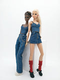 C024 Denim Bustier/Corset Top With Faux Leather Straps– Handmade for 12" Fashion Dolls Like Fashion Royalty, NuFace, Poppy Parker