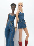 C024 Denim Bustier/Corset Top With Faux Leather Straps– Handmade for 12" Fashion Dolls Like Fashion Royalty, NuFace, Poppy Parker