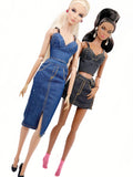 C024 Denim Bustier/Corset Top With Faux Leather Straps– Handmade for 12" Fashion Dolls Like Fashion Royalty, NuFace, Poppy Parker