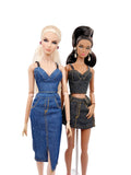 C024 Denim Bustier/Corset Top With Faux Leather Straps– Handmade for 12" Fashion Dolls Like Fashion Royalty, NuFace, Poppy Parker
