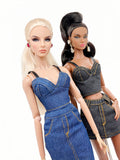 C024 Denim Bustier/Corset Top With Faux Leather Straps– Handmade for 12" Fashion Dolls Like Fashion Royalty, NuFace, Poppy Parker