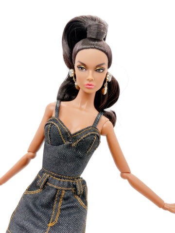 C024 Denim Bustier/Corset Top With Faux Leather Straps– Handmade for 12" Fashion Dolls Like Fashion Royalty, NuFace, Poppy Parker