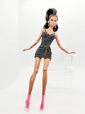 C024 Denim Bustier/Corset Top With Faux Leather Straps– Handmade for 12" Fashion Dolls Like Fashion Royalty, NuFace, Poppy Parker