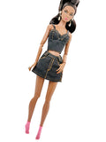 C024 Denim Bustier/Corset Top With Faux Leather Straps– Handmade for 12" Fashion Dolls Like Fashion Royalty, NuFace, Poppy Parker