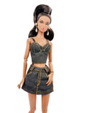 C024 Denim Bustier/Corset Top With Faux Leather Straps– Handmade for 12" Fashion Dolls Like Fashion Royalty, NuFace, Poppy Parker