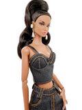 C024 Denim Bustier/Corset Top With Faux Leather Straps– Handmade for 12" Fashion Dolls Like Fashion Royalty, NuFace, Poppy Parker