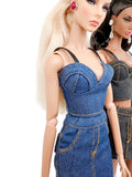 C024 Denim Bustier/Corset Top With Faux Leather Straps– Handmade for 12" Fashion Dolls Like Fashion Royalty, NuFace, Poppy Parker
