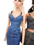 C024 Denim Bustier/Corset Top With Faux Leather Straps– Handmade for 12" Fashion Dolls Like Fashion Royalty, NuFace, Poppy Parker