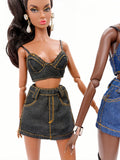 C025 Denim Bra Top – 1.5mm Thin Straps, Lined – Handmade for 12" Fashion Dolls Like Fashion Royalty, Poppy Parker, Nu Face Doll