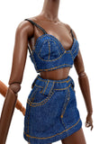 C025 Denim Bra Top – 1.5mm Thin Straps, Lined – Handmade for 12" Fashion Dolls Like Fashion Royalty, Poppy Parker, Nu Face Doll