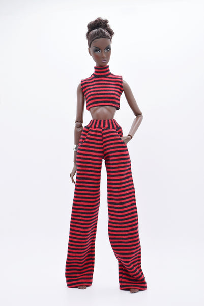 C075 Handmade Stripe Turtle Neck Tank and Pants Set For 12" Dolls Like Fashion Royalty Nu face Poppy Parker