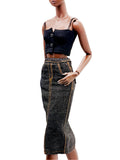 C083 Handmade Denim Midi Skirt, Front Slit for 12" Dolls, Fits Dolls Like Fashion Royalty, Nu Face, Poppy Parker