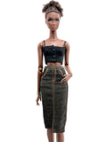 C083 Handmade Denim Midi Skirt, Front Slit for 12" Dolls, Fits Dolls Like Fashion Royalty, Nu Face, Poppy Parker