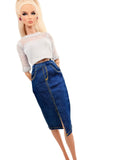 C083 Handmade Denim Midi Skirt, Front Slit for 12" Dolls, Fits Dolls Like Fashion Royalty, Nu Face, Poppy Parker