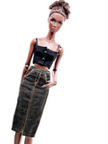 C083 Handmade Denim Midi Skirt, Front Slit for 12" Dolls, Fits Dolls Like Fashion Royalty, Nu Face, Poppy Parker