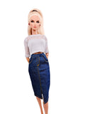 C083 Handmade Denim Midi Skirt, Front Slit for 12" Dolls, Fits Dolls Like Fashion Royalty, Nu Face, Poppy Parker
