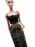 C083 Handmade Denim Midi Skirt, Front Slit for 12" Dolls, Fits Dolls Like Fashion Royalty, Nu Face, Poppy Parker