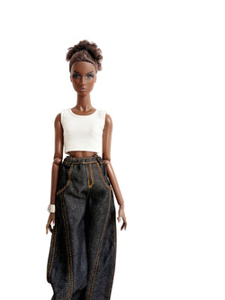 C086 Handmade Oversized Denim Jeans with Curved Hem For 12" Dolls Like FR & Nu Face