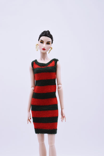 Handmade by Jiu 057 - Green/Red Christmas Holiday Knitting Dress For 12“ Dolls Like Fashion Royalty FR Poppy Parker PP Nu Face NF