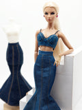 C080 - Denim Fishtail Maxi Skirt For 12" Fashion Dolls Like Fashion Royalty FR Poppy Parker – Black/Blue/Dark Blue