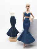 C080 - Denim Fishtail Maxi Skirt For 12" Fashion Dolls Like Fashion Royalty FR Poppy Parker – Black/Blue/Dark Blue
