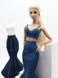 C080 - Denim Fishtail Maxi Skirt For 12" Fashion Dolls Like Fashion Royalty FR Poppy Parker – Black/Blue/Dark Blue